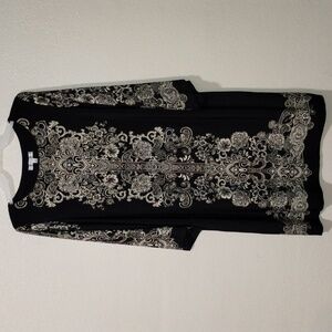 Sandra Darren size large black and tan patterned mid-sleeve asymmetrical dress